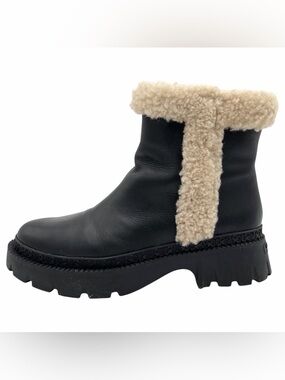 Coach Jane Black Leather Shearling Trim Booties Size 9